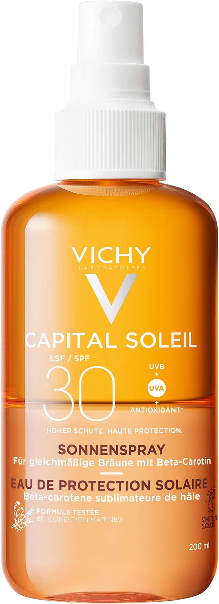 Vichy Capital Soleil Tan Illuminating Sun Protection Water Spray SPF30 With Beta-Carotene, Broad Spectrum UVA UVB Protection, Lightweight Stain-Proof Formula, 200ml