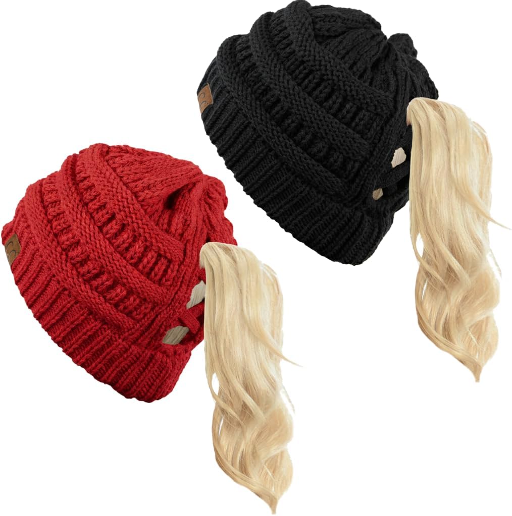 Funky Junque Ponytail Beanie for Women – Criss Cross High Pony Tail Womens Winter Hat, Warm Cute Knit Ponyback Beanies