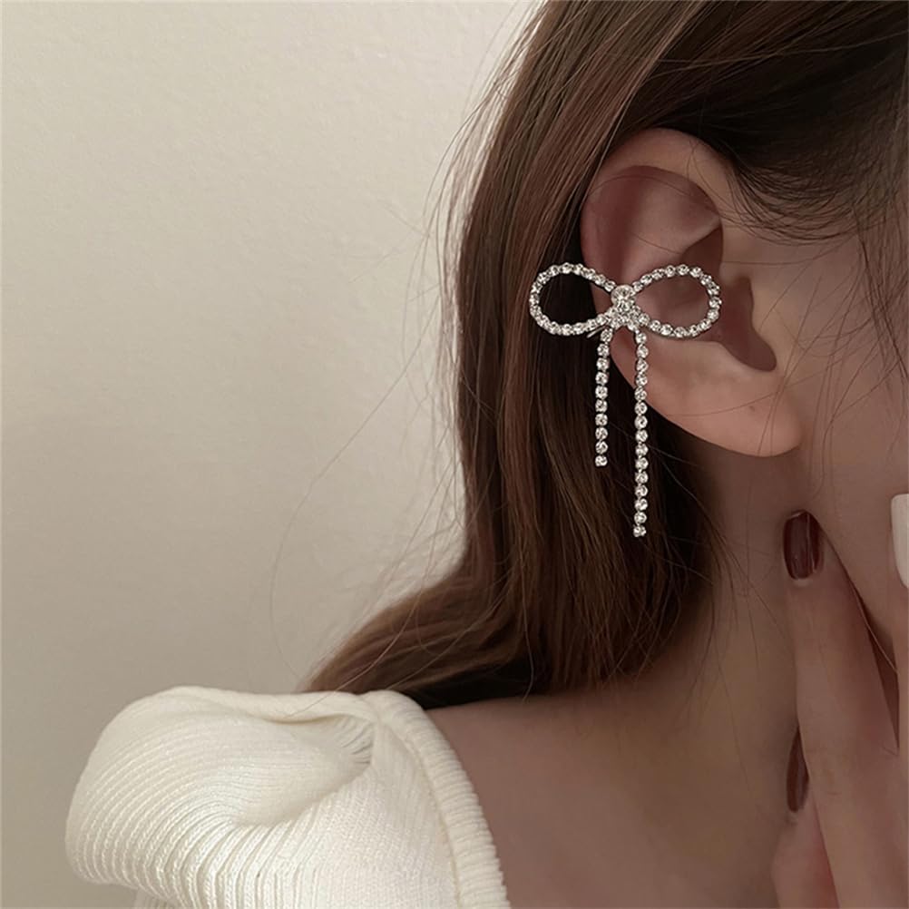 Silver Bow Earrings for Women Sparkle Rhinestone Long Tassel Earrings Ribbon Bow Drop Earring Silver Bowknot Dangle Earrings Cute Sparkly Jewelry - Image 3