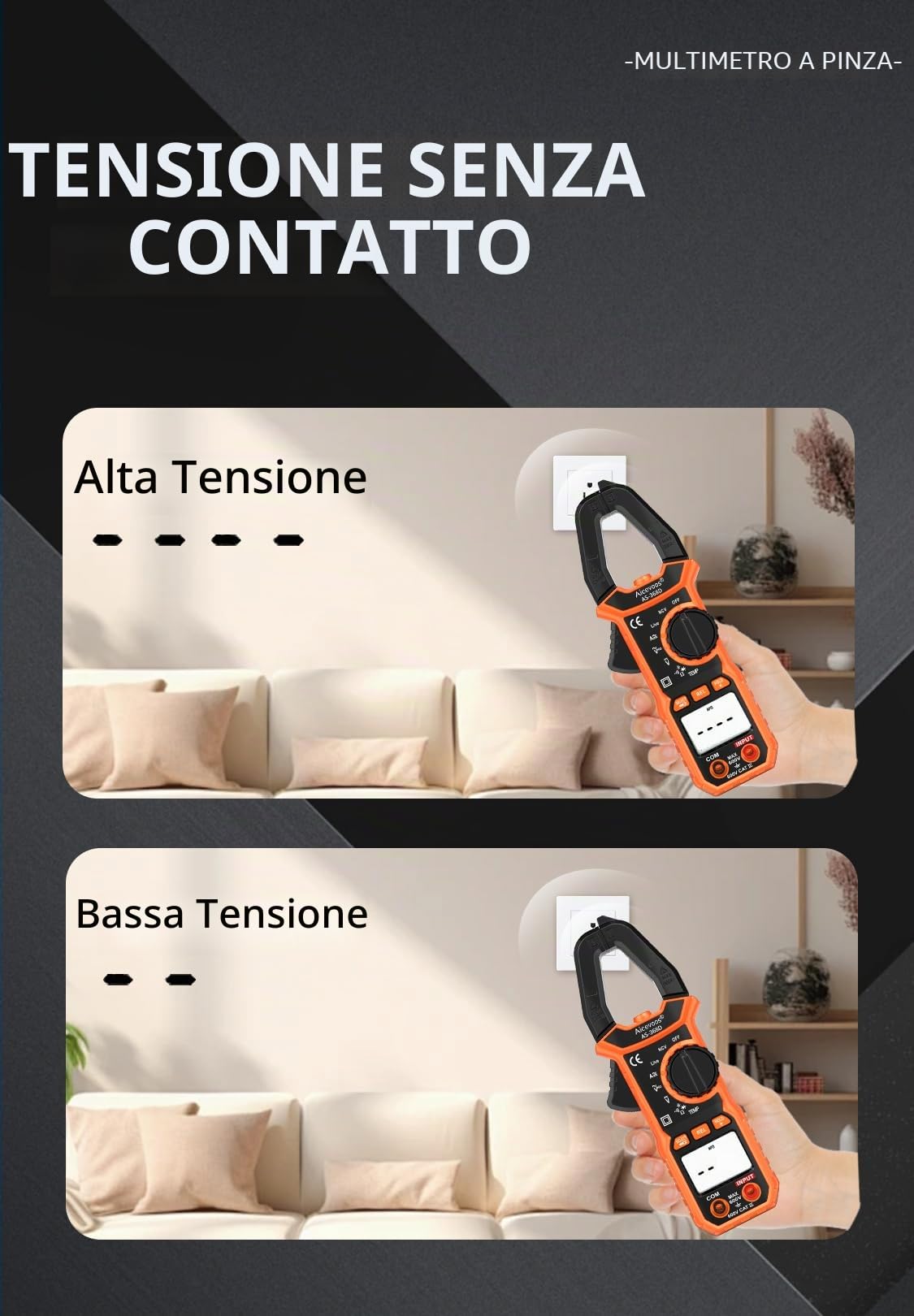 Pinza Amperometrica AC/DC, 6000 conteggi Multimetro Pinza per Misurare Tensione/Corrente CC CA, Temperatura, Continuità, NCV, Diodo, Torcia, Retroilluminazione, Ganascia a D