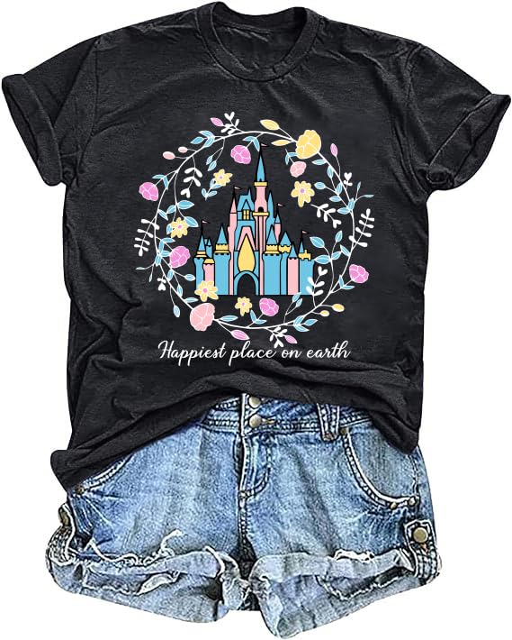 Magical Shirts for Women Happiest Place On Earth Holiday Graphic Short Sleeve Retro Casual Tops