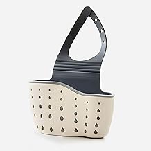 Sponge Holder For Kitchen Sink To Hang From The Faucet. Beige Sink Sponge Holder With Modern Design And Holes To Drain The Liquid. Hanging Drain Basket. Sponges Holder For Kitchen Sink