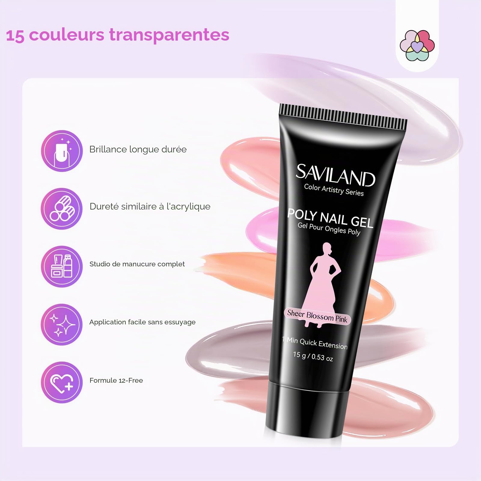 SAVILAND Kit Color Artistry Glow & Go: Coffret de 15 Polygel Transparents pour Rallonger Ongles avec Lampe U V, Base et Top Coat, Polygel Longue Tenue pour Débutantes