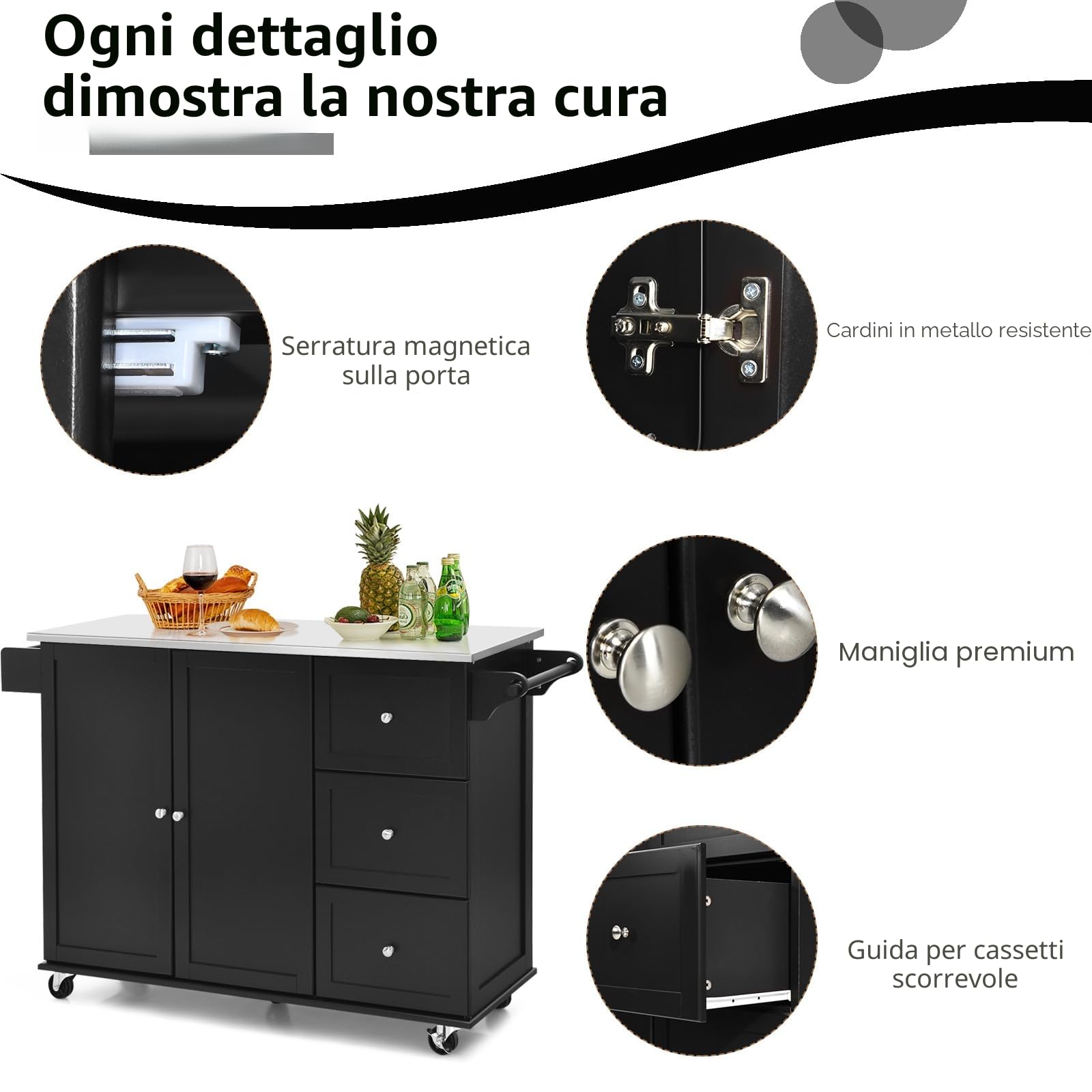 KOMFOTTEU Isola da Cucina Mobile con Piano di Lavoro in Acciaio Inox, Carrello da Cucina con 3 Cassetti & Porta Asciugamani & Ripiano Regolabile, Armadio da Cucina su Ruote, Carrello da Cucina 135 x