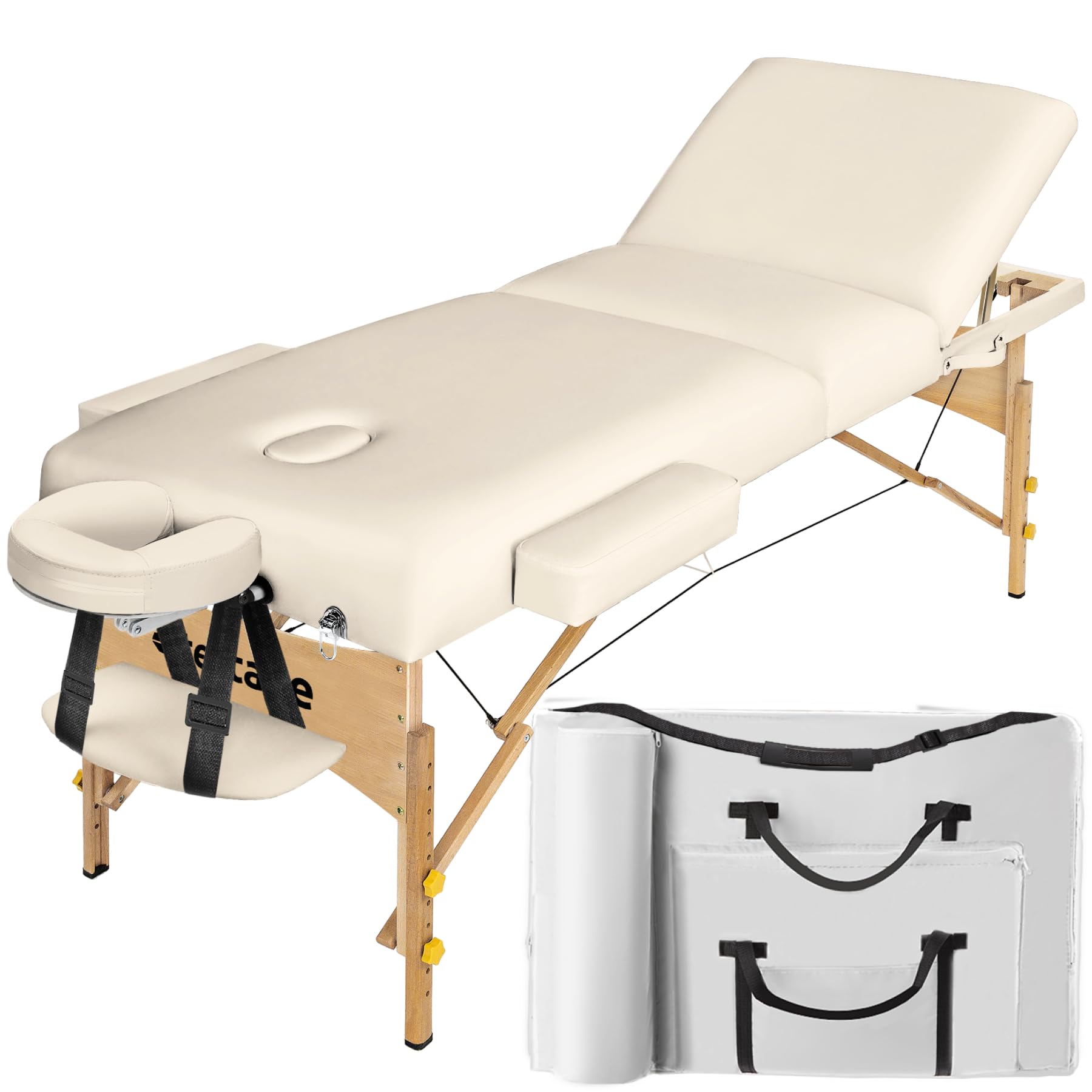 tectake® Table de Massage Pliante Professionnelle 3 Zones Épaisseur de 13 cm Massage et Relaxation Bois Table Esthetique Professionnel Lit de Massage Portable Housse de Transport - Beige