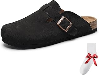 LIWEGHT Unisex Suede Leather Wooden Sole Sandals Casual Outdoor Slip-On Mules with Arch Support Soft Cushioned Footbed Clogs for Walking