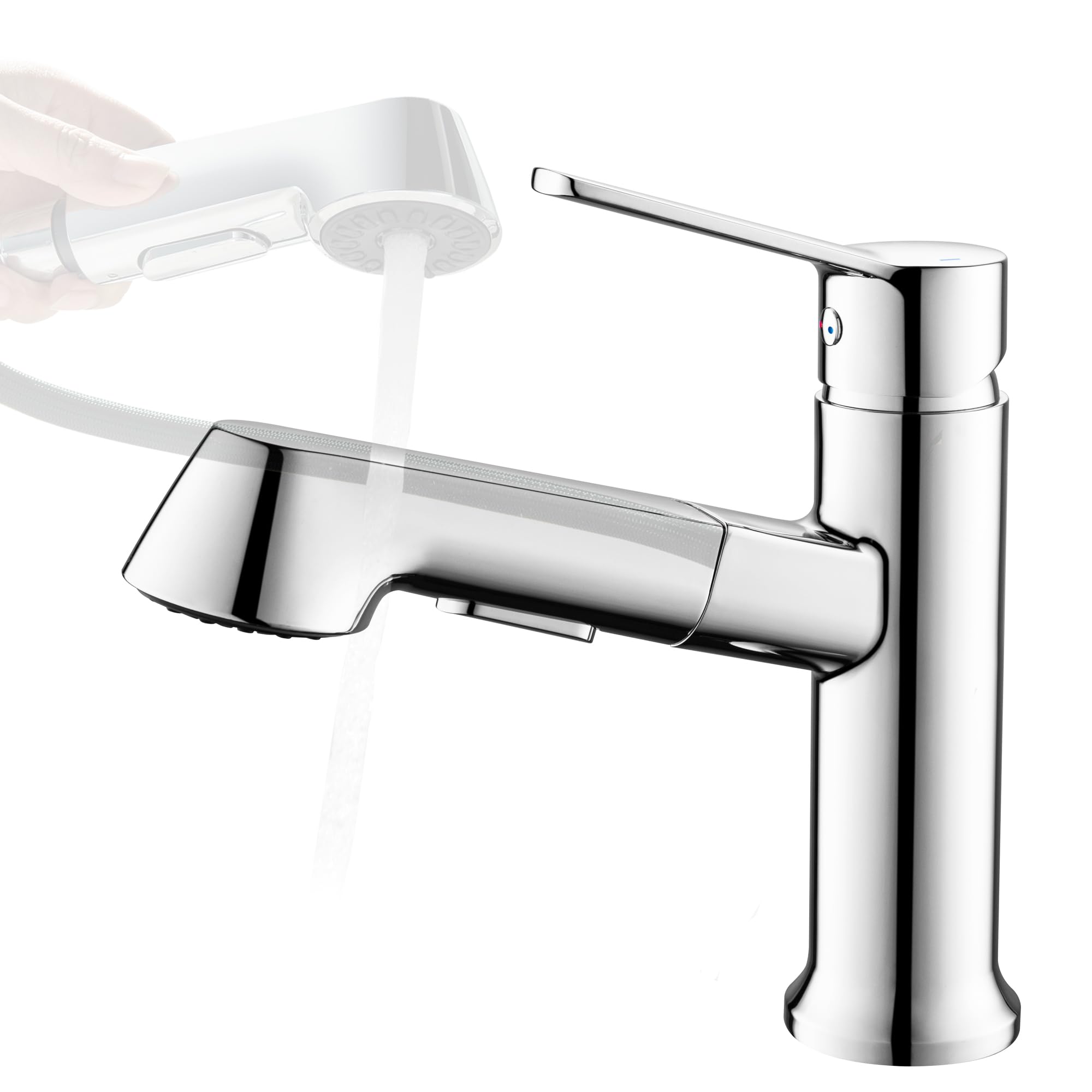 Waschtischarmatur ausziehbar mit Brause, Moderne Wasserhahn Bad Armatur mit 2 Strahlarten, Badarmatur Waschbecken Einhebelmischer für Badezimmer, Chrom