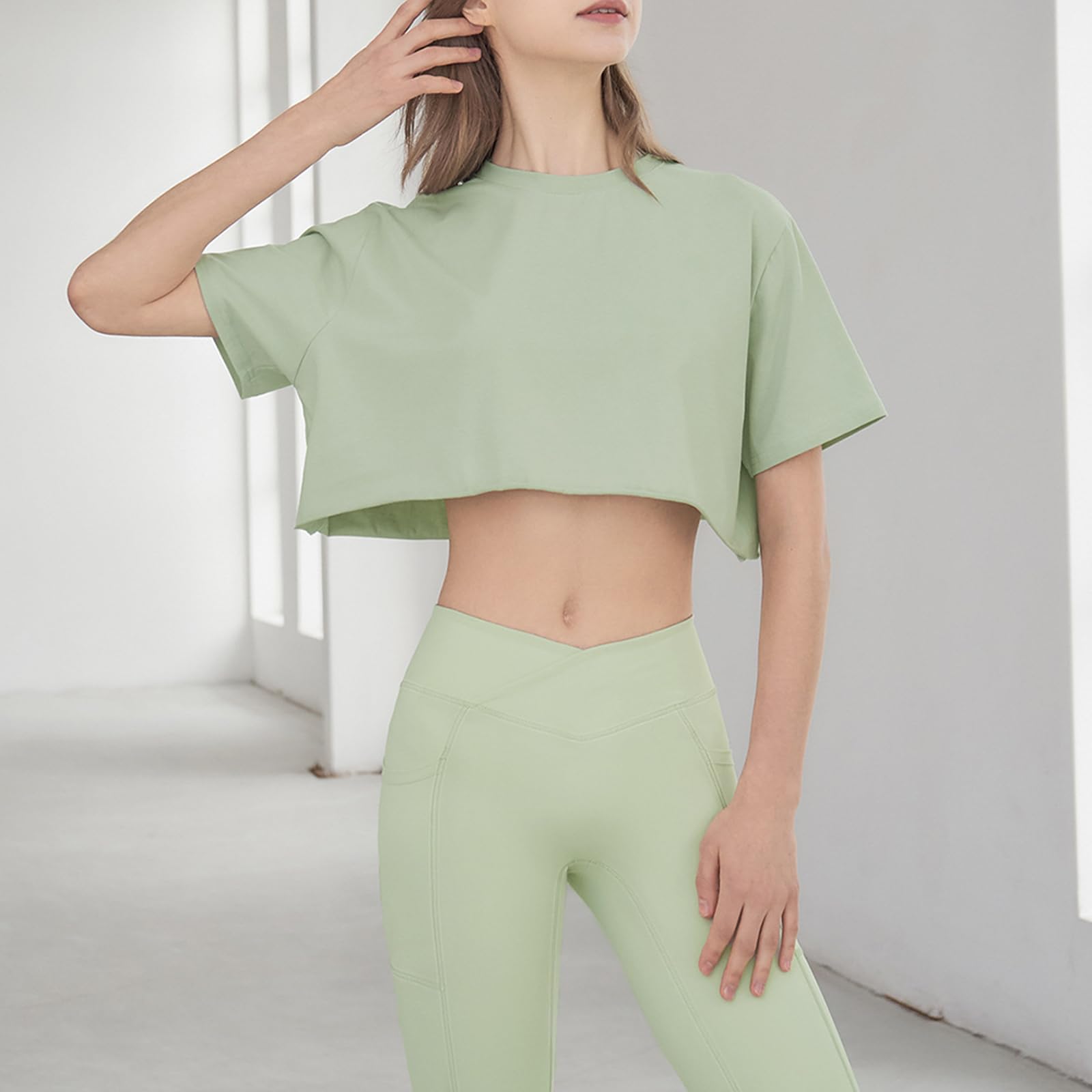 Damskie Sportowe Topy Slim Fit PrzycięTe Topy Do Jogi T Shirt Cover Ups,Green,M