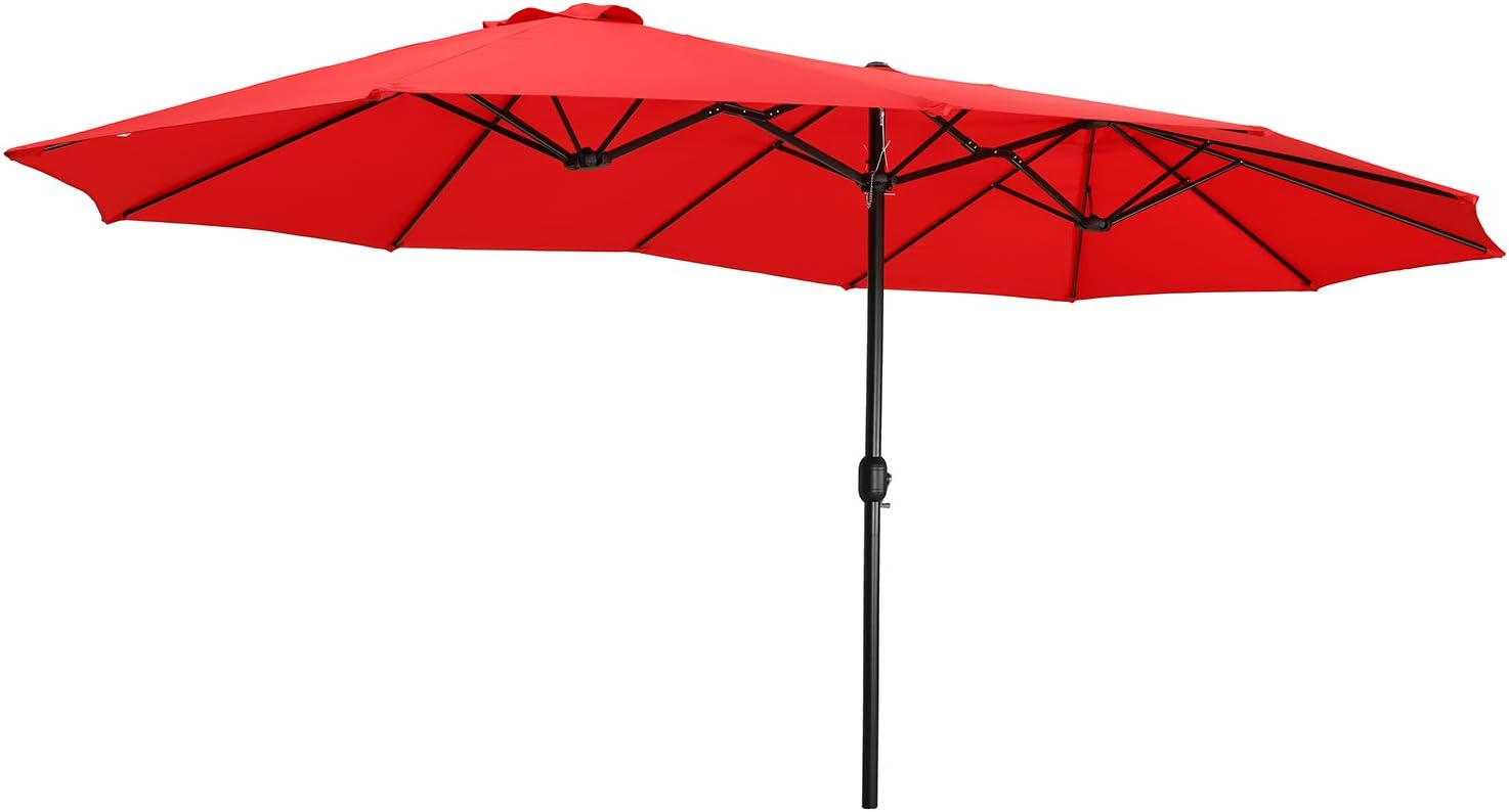Festival Depot 14.7 ft Patio Umbrella Outdoor Large Twin Umbrella Double-Sided Ventilation Sun Canopy Market Umbrella with Aluminum Pole Handle Crank Without Base for Garden, Poolside, Deck (Red)