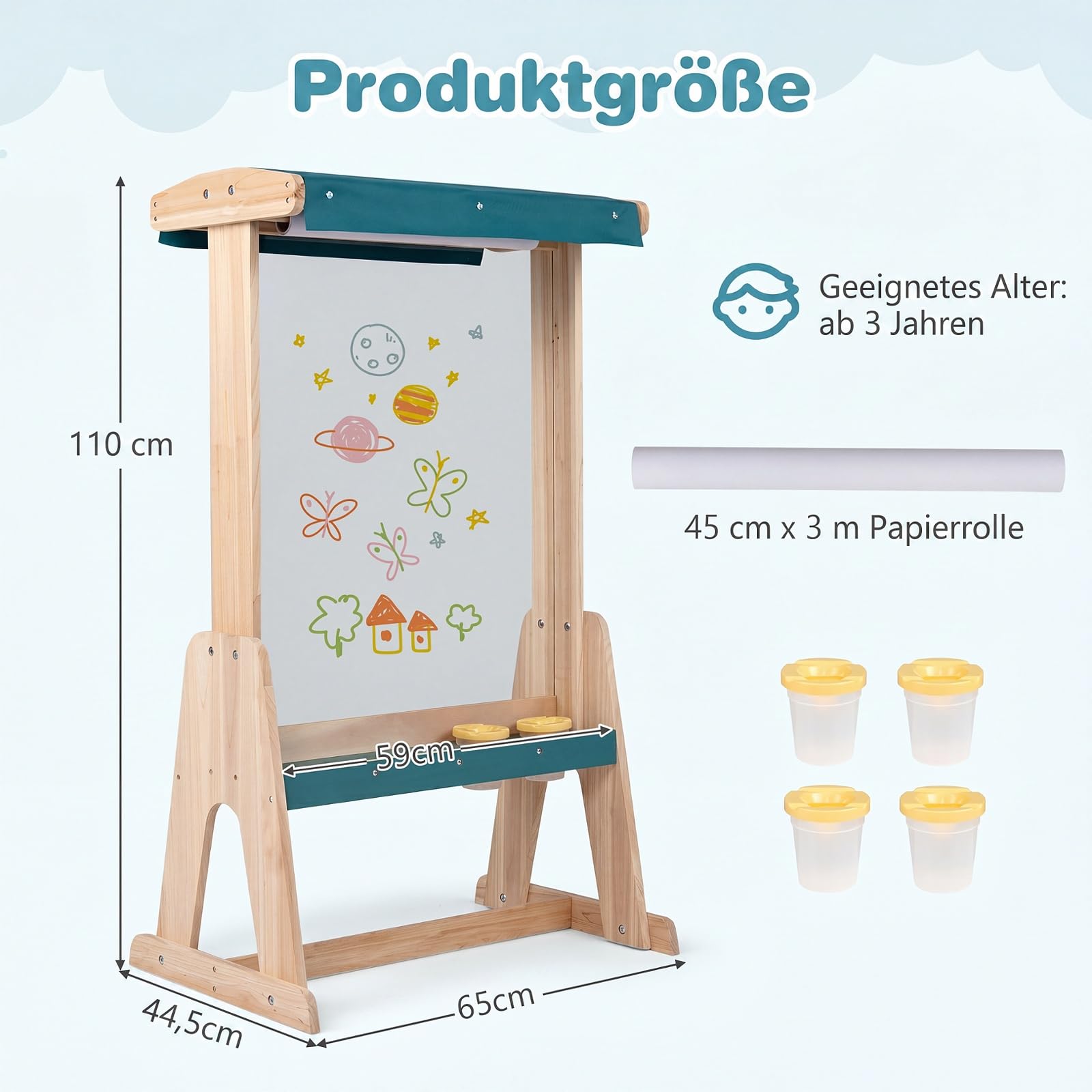 COSTWAY Tafel Kinder, Kinder-Staffelei mit Malplatte & Sonnendach | Doppelseitige transparente Malplatte, Papierrolle, Farbbecher, Lagerschalen, Maltafel für Kinder ab 3 Jahre