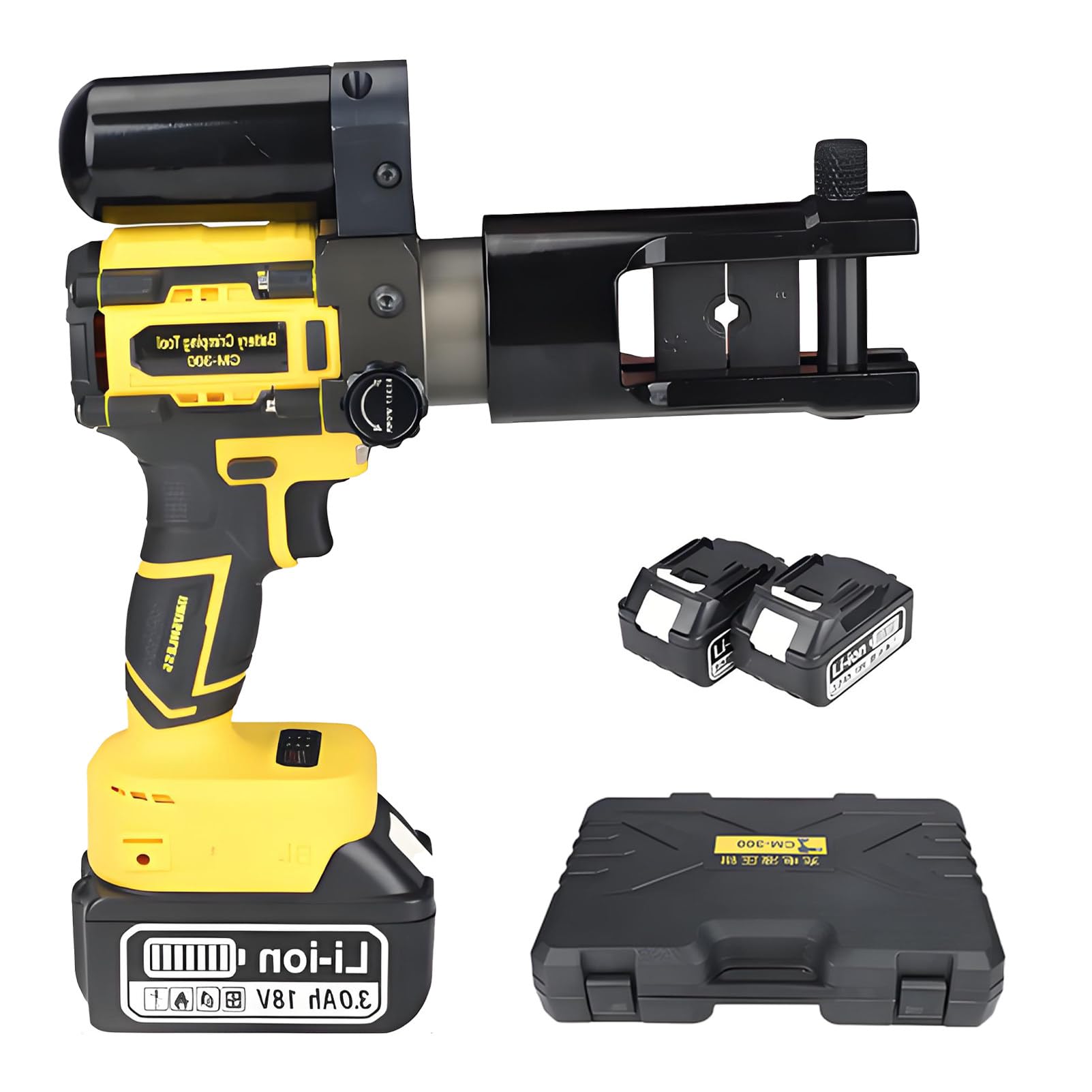 Crimpadora hidráulica a batería de 18 V, Herramienta para crimpar terminales, crimpadora de Cables de 16-300 mm², Abrazadera giratoria de 360°, con 11 Matrices y 2 baterías Yellow-75KN