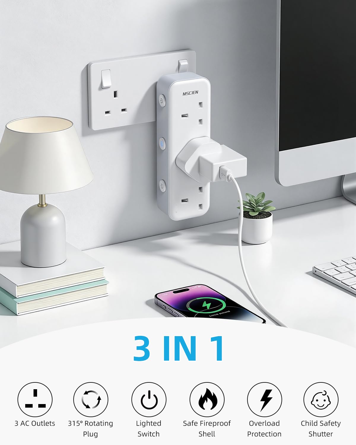 Mscien Multi Plug Extension Socket, UK Wall Socket Plug Extender with 315 Degree Rotating Design for Home, Office, Dorm (3 Way UK Sockets) — view 3