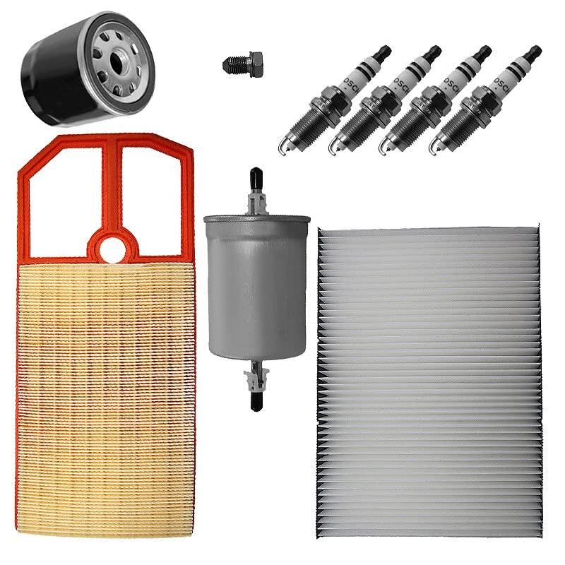 BESTPRICE Paquete de inspección juego de filtros con 1x filtro de aire,1x filtro de habitáculo,1x filtro de aceite,1x filtro de combustible,1x tapón de drenaje de aceite incl. junta,4x bujía