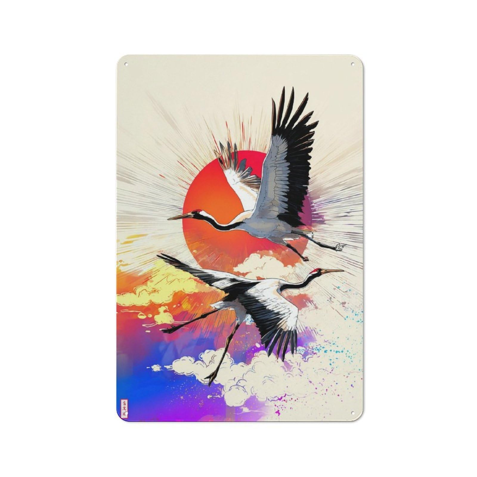 Junmoney Two Cranes Flying Against Sunset Sky Metal Sign 30X20cm, Vintage Bar Wall Plaque For Diner, Restaurant, Shed Or Kitchen