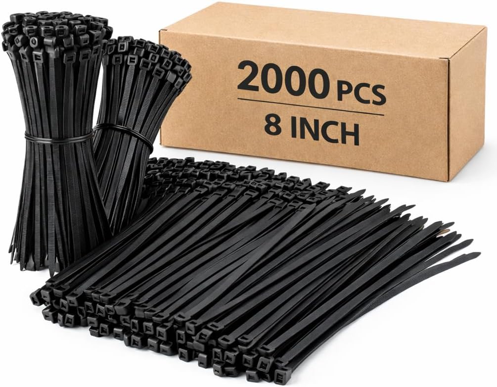 Black Zip Ties 8 Inch 2000 Pack, 40 lbs Tensile Strength Nylon Cable Ties, UV Resistant Self Locking Wire Ties for Industrial, Indoor Outdoor, Garage and Home Use