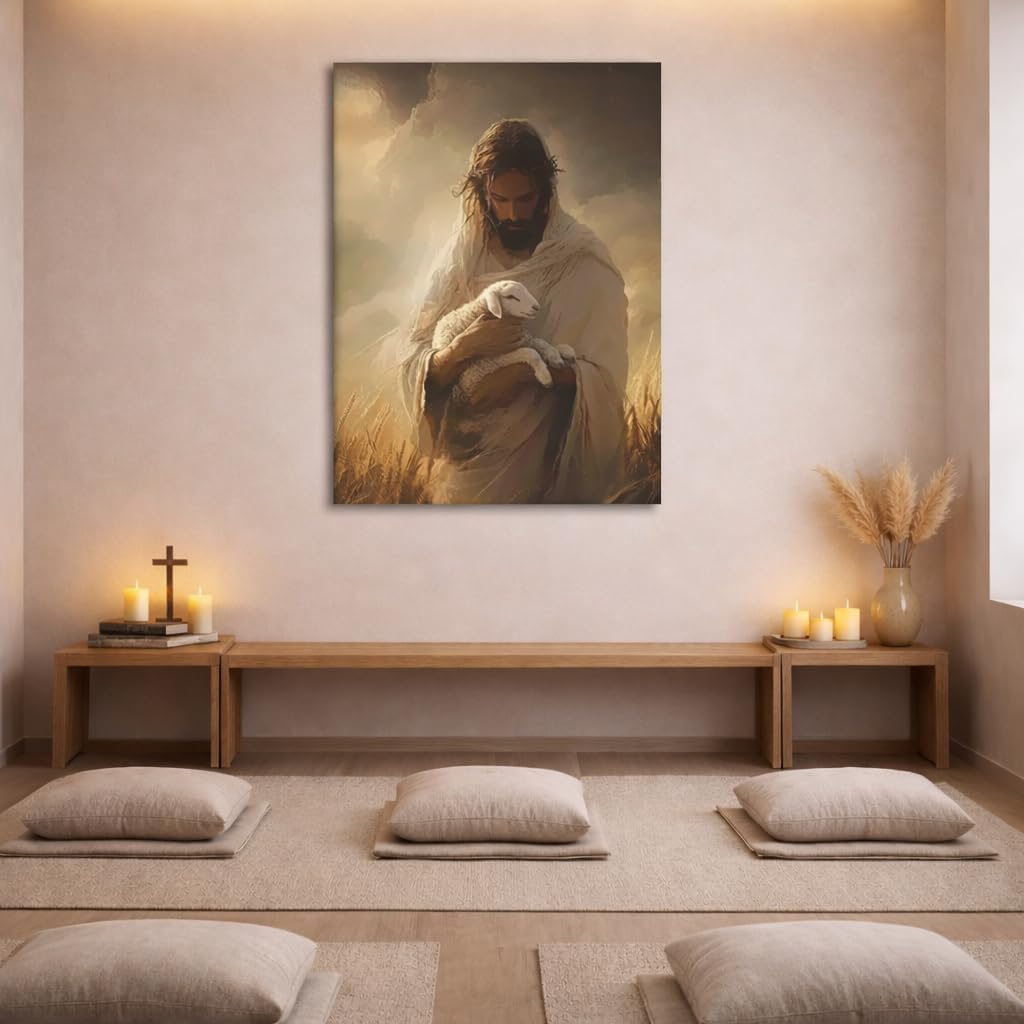 Jesus Holding Lamb Framed Canvas Wall Art Christian Good Shepherd Painting Religious Wall Decor for Living Room Bedroom Church Prayer Room 16x24 Inch Ready to Hang