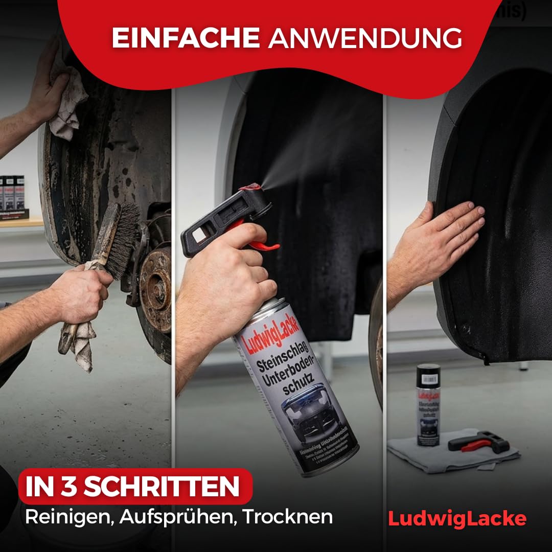 Ludwig Lacke® Unterbodenschutz Spray [6X 500 ml] inkl. Pistolengriff für Dosen – Steinschlagschutz & Rostschutz UBS – überlackierbare Unterboden Versiegelung - Bitumen Spray
