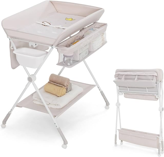 COSTWAY 4-in-1 Baby Changing Table, Adjustable Infant Care Station with Wheels, Water Basin and Storage, Folding Newborn Massage Tables Diaper Organizer (Beige)