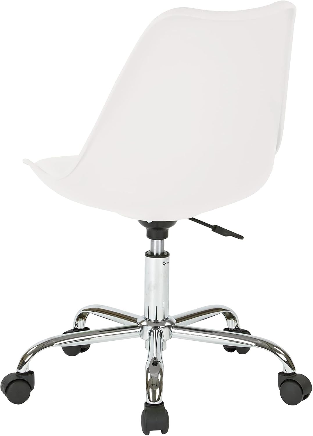 Pemberly Row Modern White Office Chair, PP Shell with PU Cushion, Pneumatic Height Adjustable Chrome Base, 5-Wheel Casters, 17.5" W x 22" D x 35.5" H, Residential Use, Indoor Office Seating