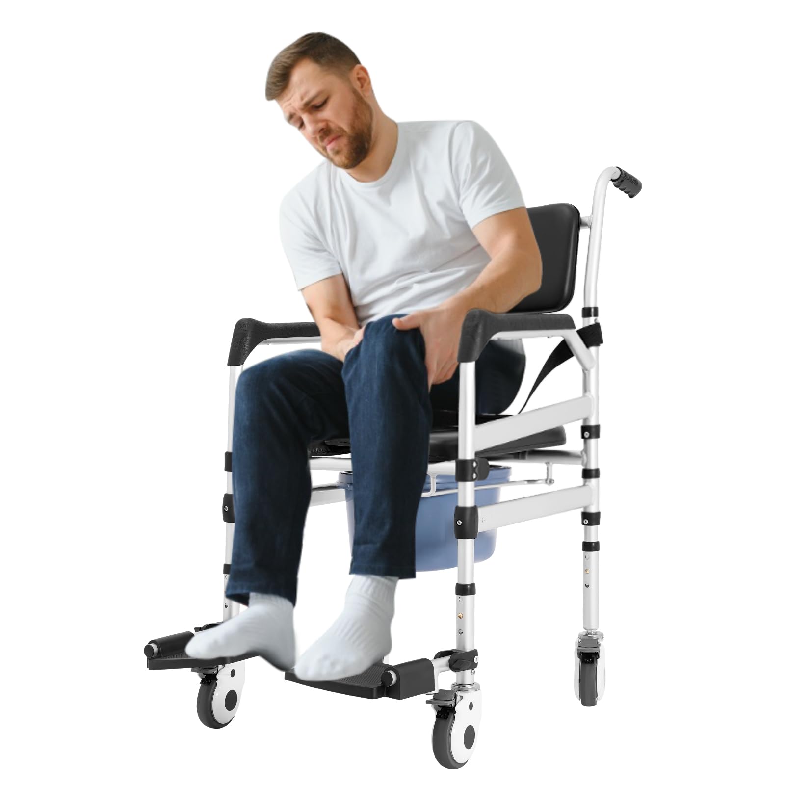 Sedia da doccia con ruote, pieghevole e regolabile in altezza, in alluminio, con sedile a forma di U e inserto per WC, per anziani, gravidanza, ospedale, casa di assistenza, bagno