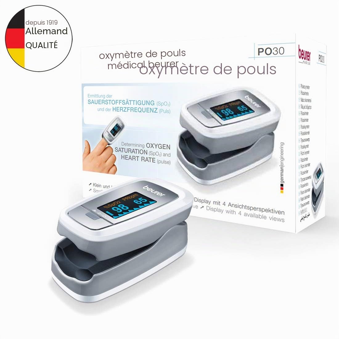Oxymètre de pouls Beurer PO 45, mesure de la saturation en oxygène, de la fréquence cardiaque et de l'indice de perfusion & PO 30 - Oxymètre de pouls digital, 61 x 36 x 32 mm, 57 gr, blanc et argent