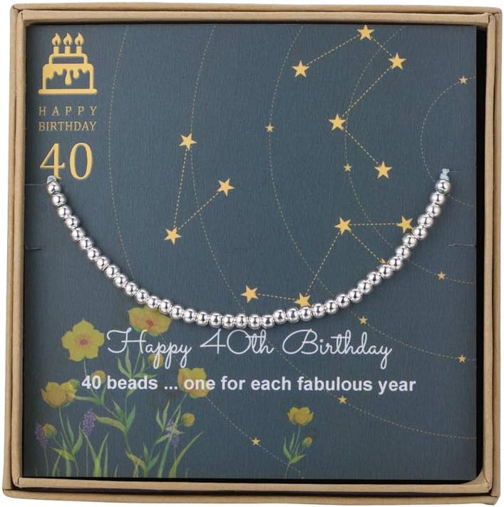 AnalysisyLove40th Birthday Gifts for Women - Sterling Silver Bead Bracelet for 40th Birthday Gift, Adjustable Jewelry 7" - 9" Cord