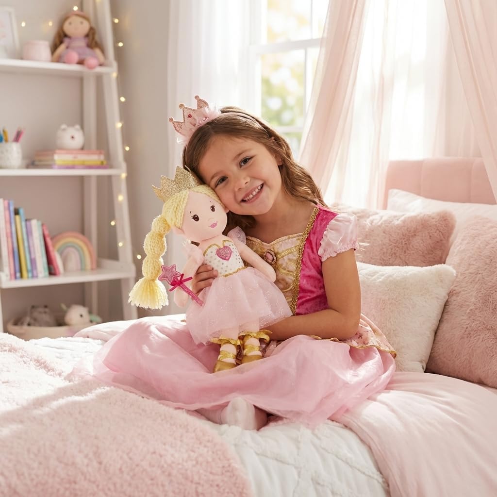 June Garden 12" Soft Baby Princess Doll Rosie - Stuffed Cuddly Princess Plush Gifts for Toddler Girls - Pink Dress