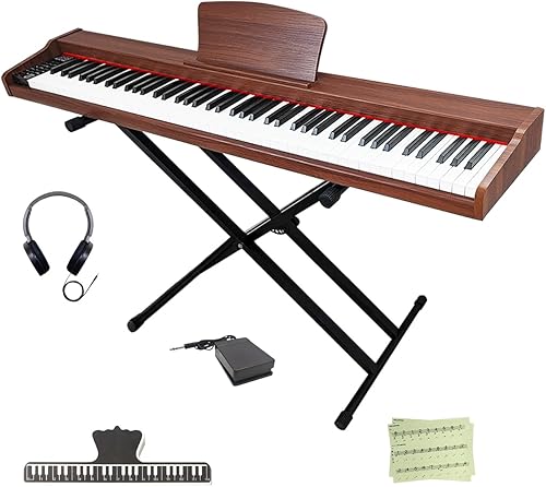 Longeye Teclado de piano de 88 teclas, piano eléctrico de madera, piano digital semipesado para principiantes y profesionales con soporte para