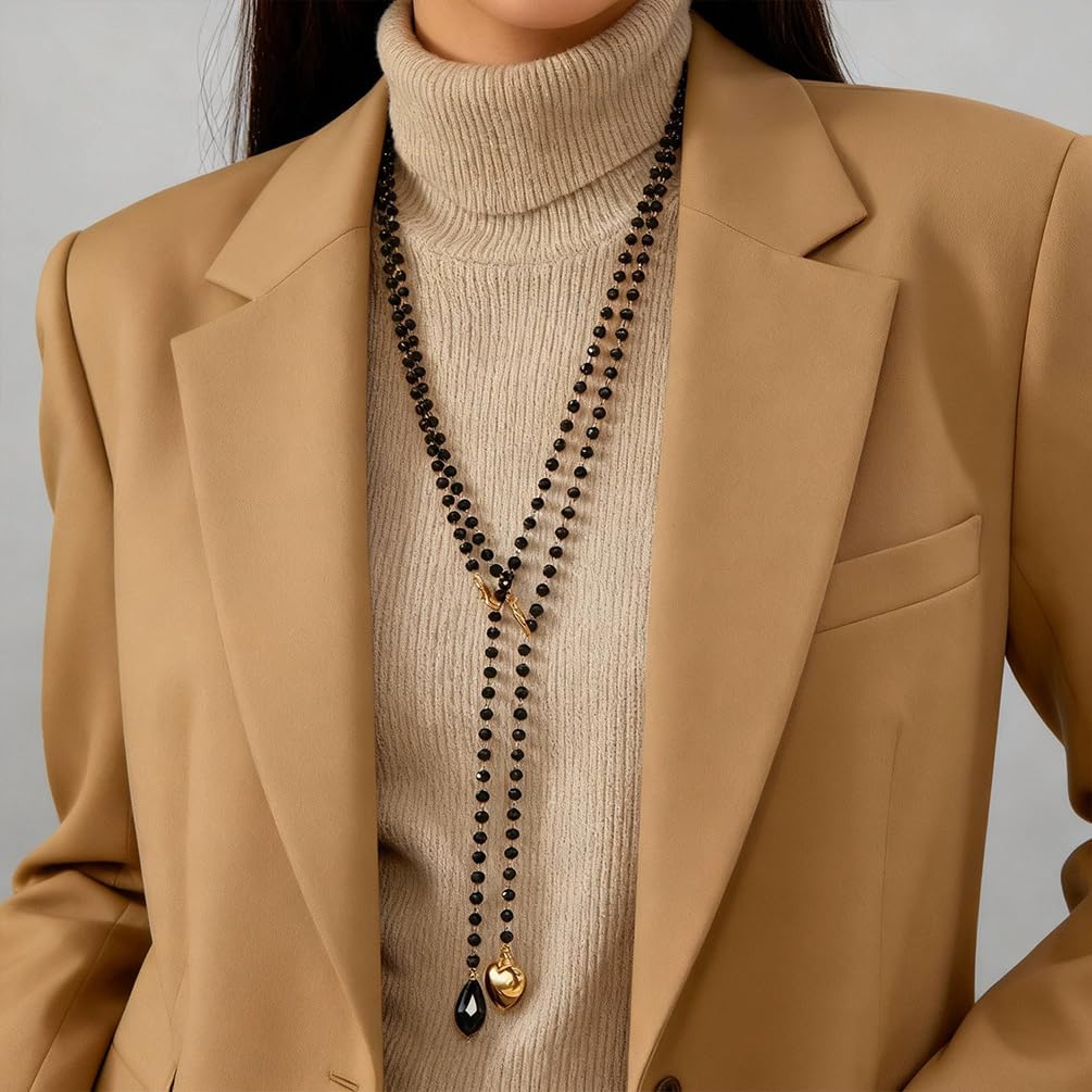 Gothic Long Layered Beaded Y Necklace, Dainty Black Crystal and Gold Heart Tassel Pendant Necklaces for Women Trendy Vintage Y2k Dress Sweater Jewelry Gift