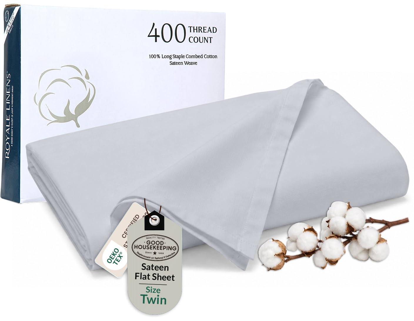Royale Linens Twin Flat Sheet Only, Luxury Breathable Sateen Weave 100% Cotton Flat Sheets, Ultra Soft Single Flat Sheets Only Sold Separately, Cooling Top Sheet (Spanish Silver-66x96)