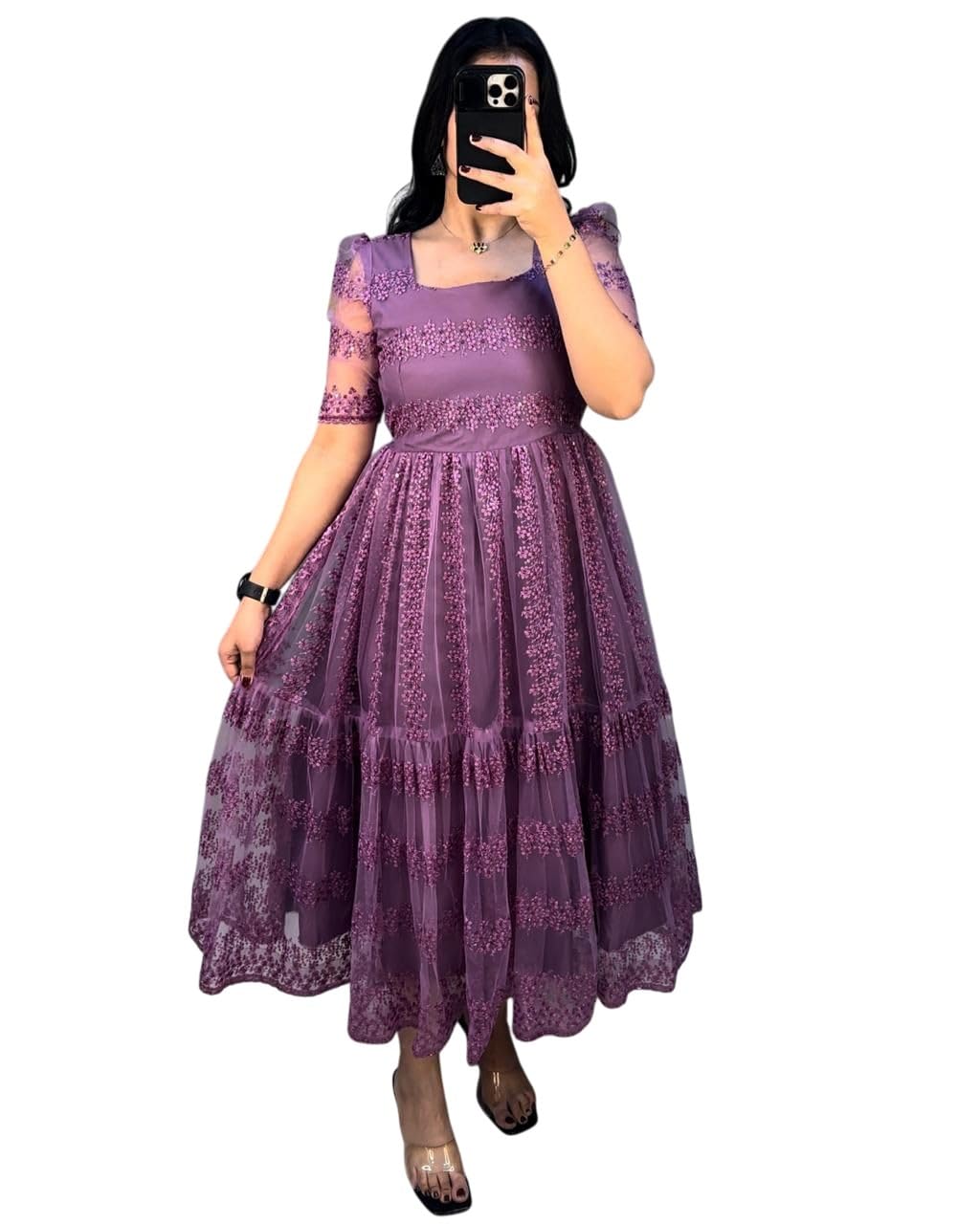 Women's Maxi Dress, Brown, Lace Embellished, Half Sleeve, A-Line Fit and Flare Style-picture-30