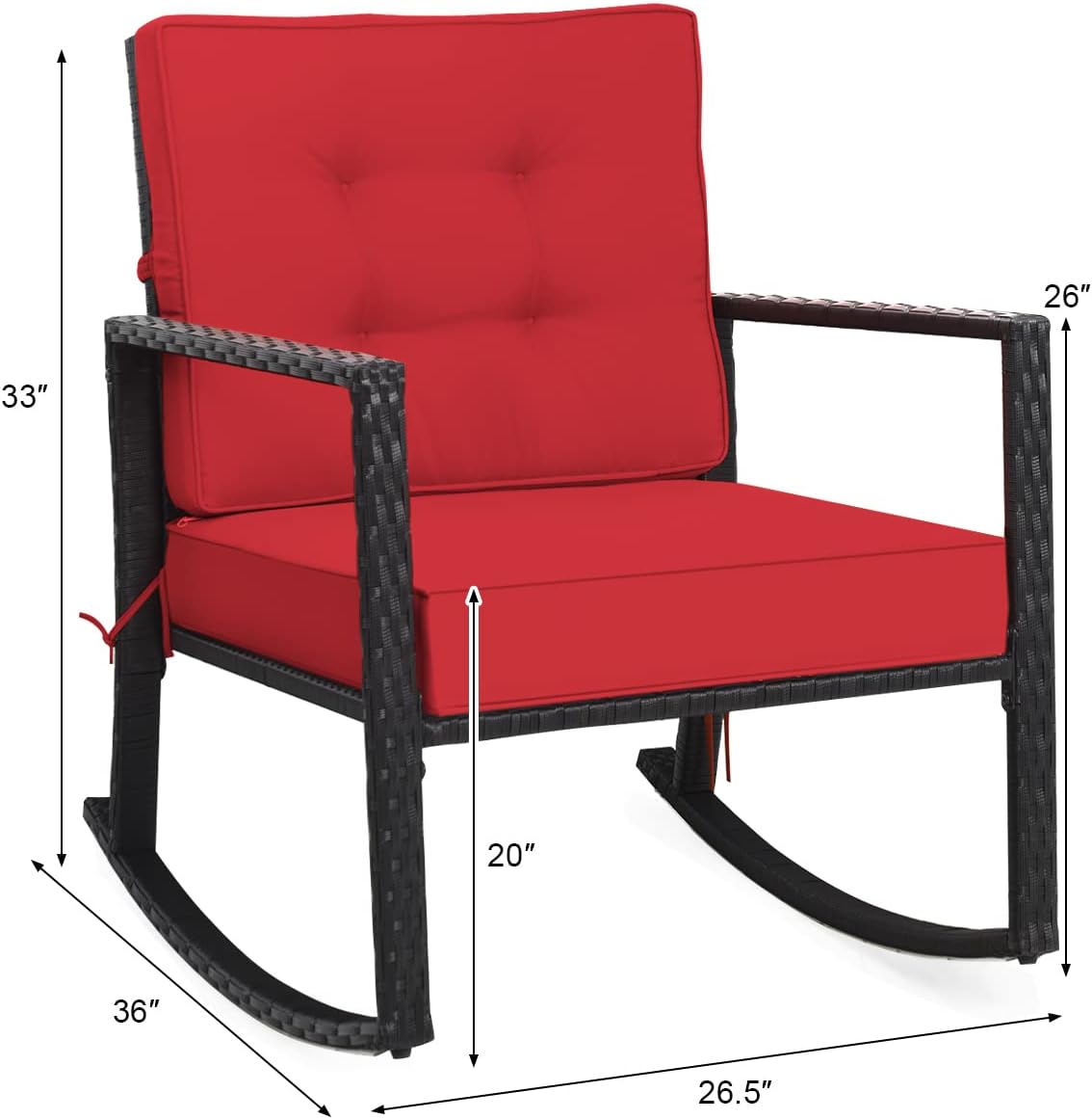 FANTASK Wicker Rocking Chair with Cushion, Outdoor Rattan Chair with Steel Frame & Armrest, Patio Rocking Chair for Backyard, Poolside, Porch, Balcony (Red)