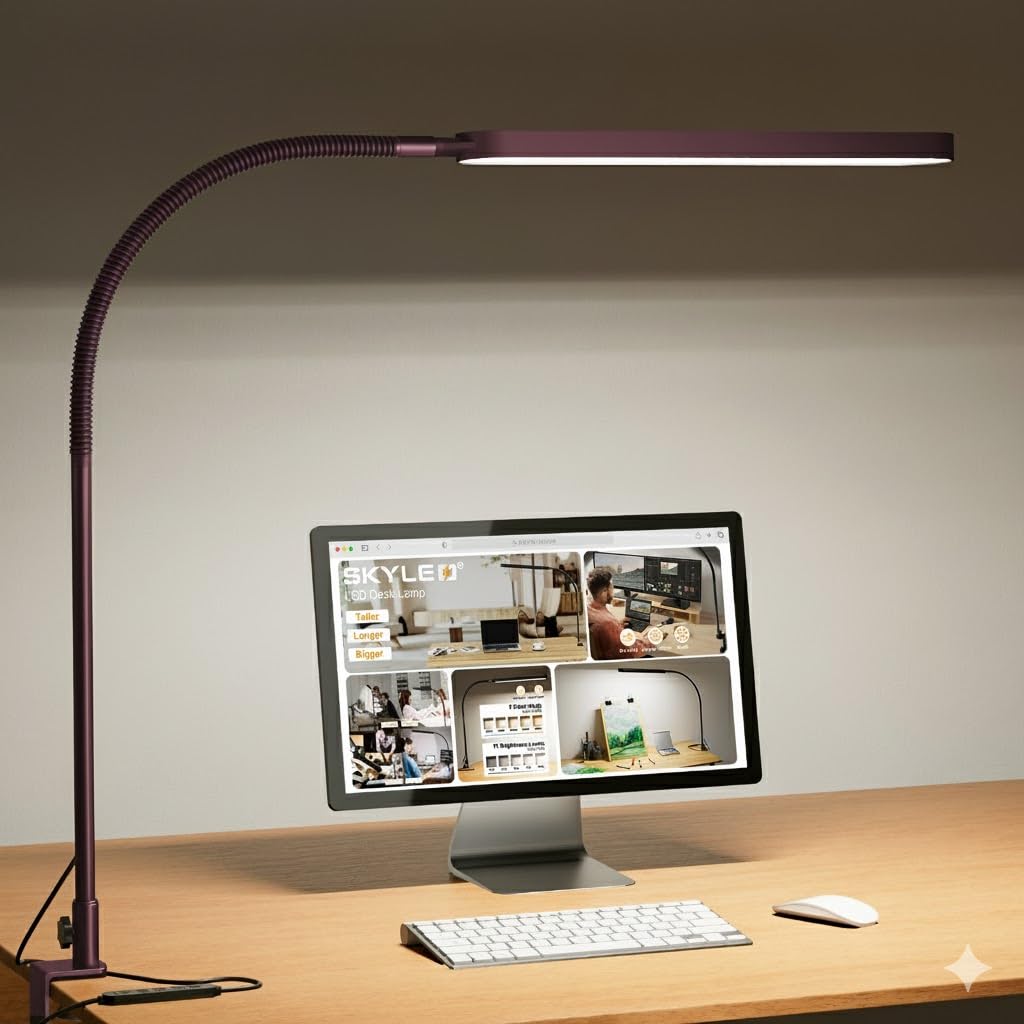 SKYLEO Desk Lamp - LED Desk Light - Flexible Gooseneck - 5 Color Modes X 11 Brightness Levels - 1300LM - Timmer & Memory Function - 12W Clip on Light - Red