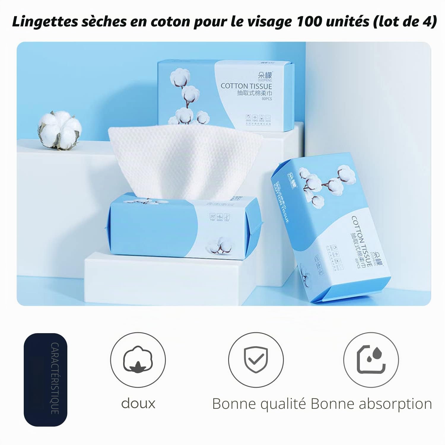 Lot de 4 paquets de 100 lingettes sèches en coton jetables pour le visage en profondeur, multi-usages pour les soins de la peau et le maquillage