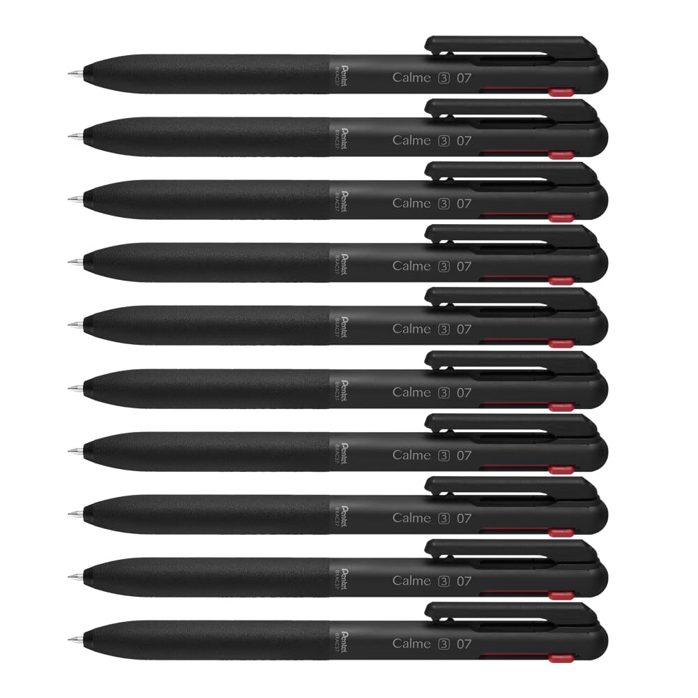 Pentel BXAC37A Calme Lot de 10 stylos à bille, 3 couleurs, bruit de clic nettement atténué, zone de préhension aspect cuir, rechargeables, bille 0,7 mm = épaisseur de trait 0,35 mm, noir/rouge/bleu,