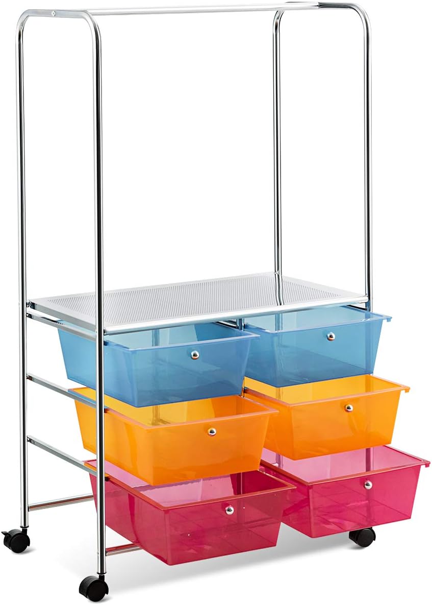 RELAX4LIFE Storage Drawer Carts Classroom Organization - Rolling Carts with Lockable Wheels, 6 Plastic Drawers, Shelf, Hanging Rod, Craft Organizing Utility Cart for Home, School Storage Cart (Colors)