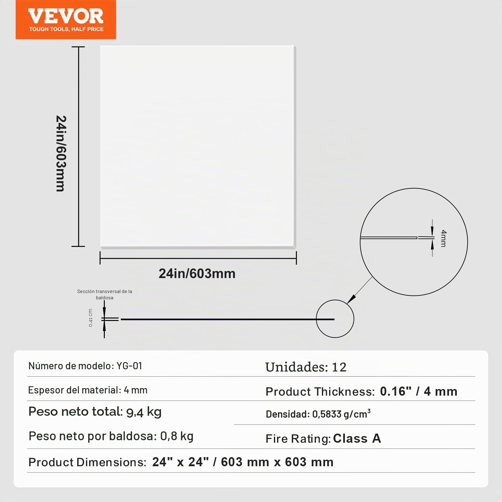 VEVOR Paneles de Techo de Poliestireno 12 Piezas Paneles de Techo de Plástico para Pegar 603x603 mm Instalación Fácil Revestimiento de Techo de Sótano para Decoración del Hogar, Oficina, Blanco