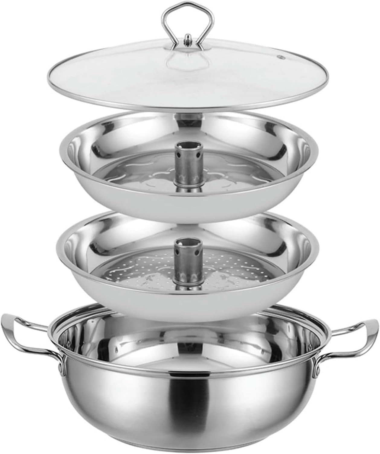 Stainless Steel Stock Pot with 2 Steamer Basket and Lid – 30/32/34cm Multipurpose Crab Seafood Pot Food Steaming Boil Pot for Vegetable, Tamale, Pasta Kitchen Cookware