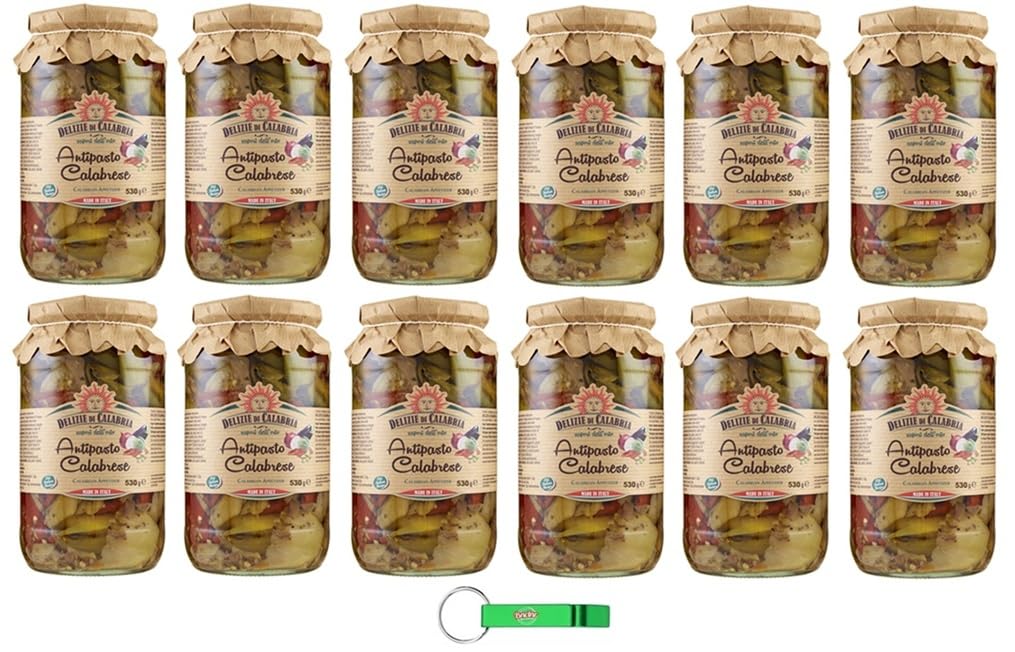 Delizie di Calabria Antipasto Calabrese/Kalabrische Vorspeise Gemüse in Öl 12 x 530g / Italienische Spezialität + Beni Culinari Kostenloser Schlüsselanhänger