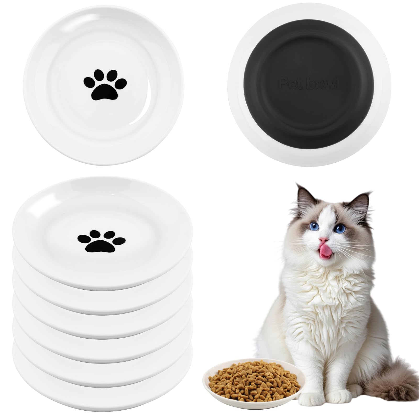 6 Piezas Cuenco Gato, Plano Ceramica Gato, Cuencos de Cerámica para Gatos con Base Antideslizante de Silicona, Comedero para Gatos Gatitos Perros Pequeños, Blanco 15×15×2,8 cm