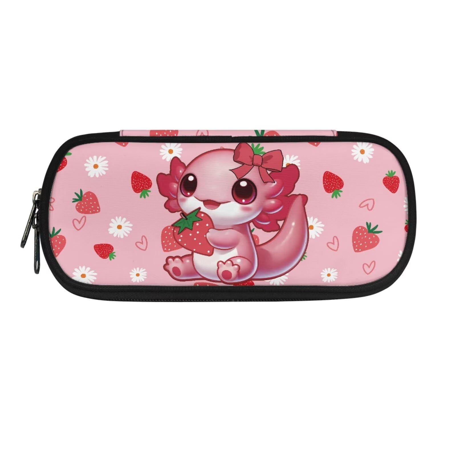 TOADDMOS Strawberry Axolotl Pencil Bag Daisy Marker Pouch for Girls Women Office Large Capacity Stationery Case with 3 Compartments