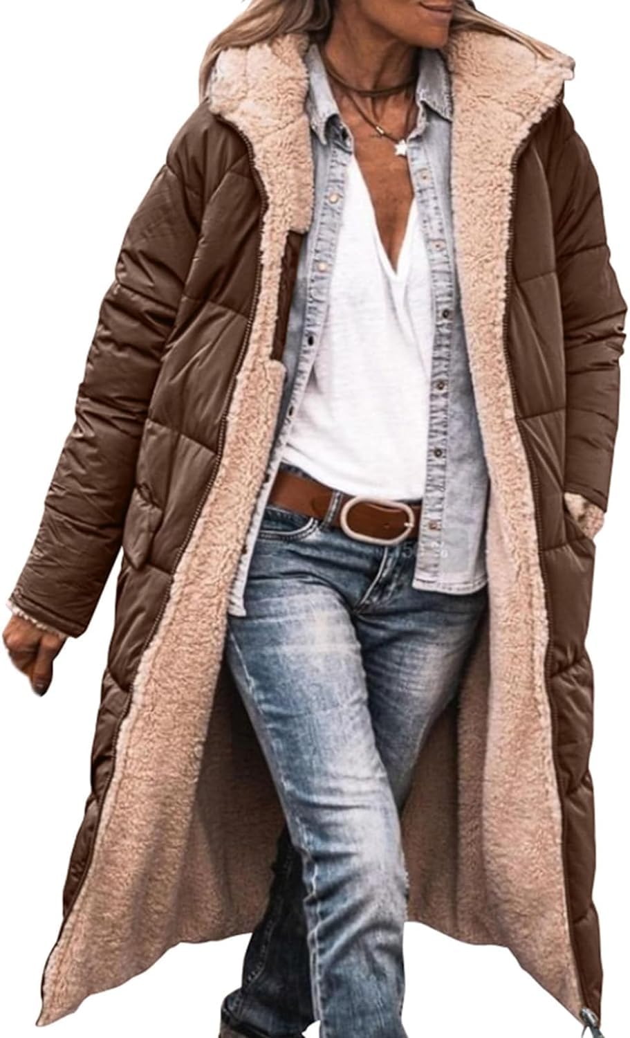 Piumino Caldo da Donna Ispessito Cappotto Parker Double Face Piumino Sottile con Cappuccio a Sezione Spessa Giacca Invernale Calda con Tasche sulle Maniche