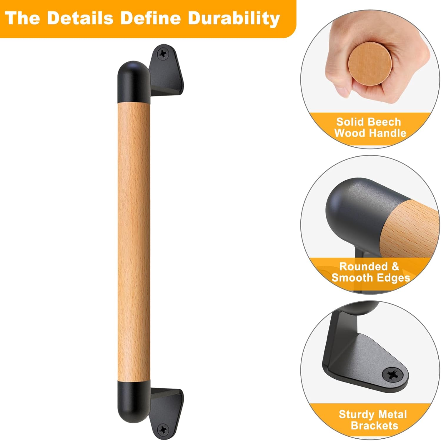 SELEWARE 1 Pcs 12 Inch Barn Door Handle - Solid Beech Wood with Black Metal Brackets, Sliding Door Pull Handle for Fence Gate, Closet, Shed, Indoor Handrail, Playground Safety Handles, Easy Install