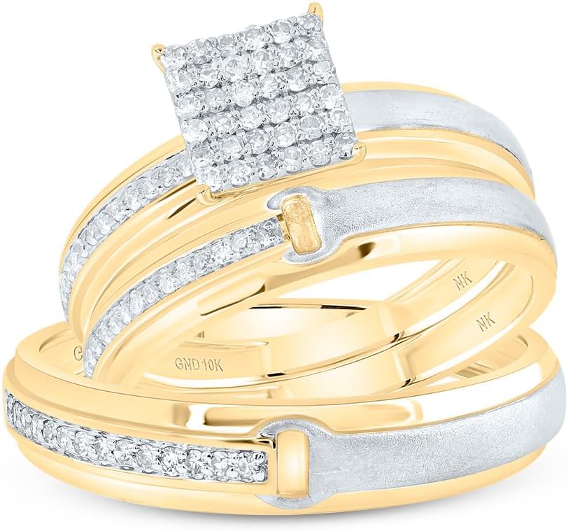 Jewels By Lux 10kt Yellow Gold His & Hers 1/3 Cttw Diamond Square Bridal Wedding Ring Band Set, Women Size: 5-9, Men Size: 8-12