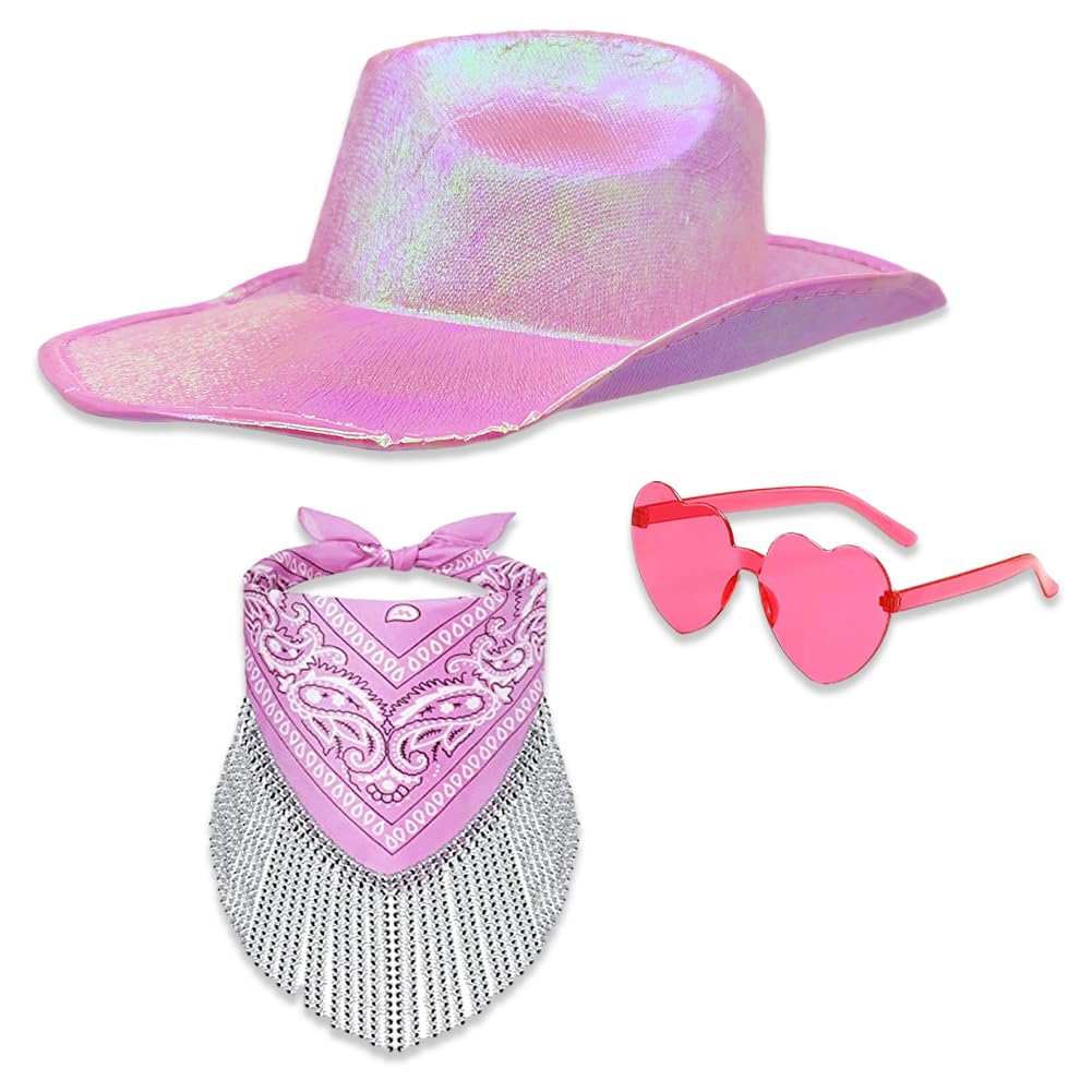 Sombrero de Vaquero Rosa,3PCS Sombrero de Vaquero para Mujer Sombrero de ala Ancha Occidental Gafas de Corazones Rosa Fiesta Mujer Bandana Accesorio de Fiesta para Disfraz de Cumpleaños
