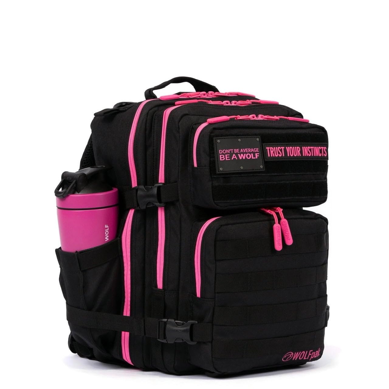WOLFpak 25L Athletic Gym Backpack (Black Neon Pink) Durable 1000D Waterproof Oxford Material with MOLLE Webbing, Laptop Pocket & Dual Cup Holders