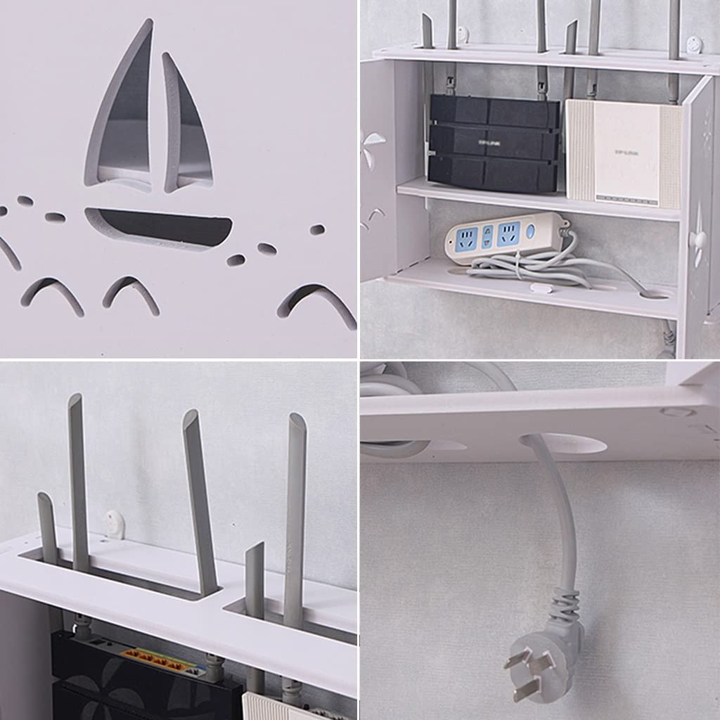 Generico Mensola portaoggetti da Parete Bianca per Router WiFi, Scatola portacavi in Legno, Supporto per Cavi di Alimentazione, 48x11x31,5 cm - Elegante Arredamento per la casa e salvaspazio