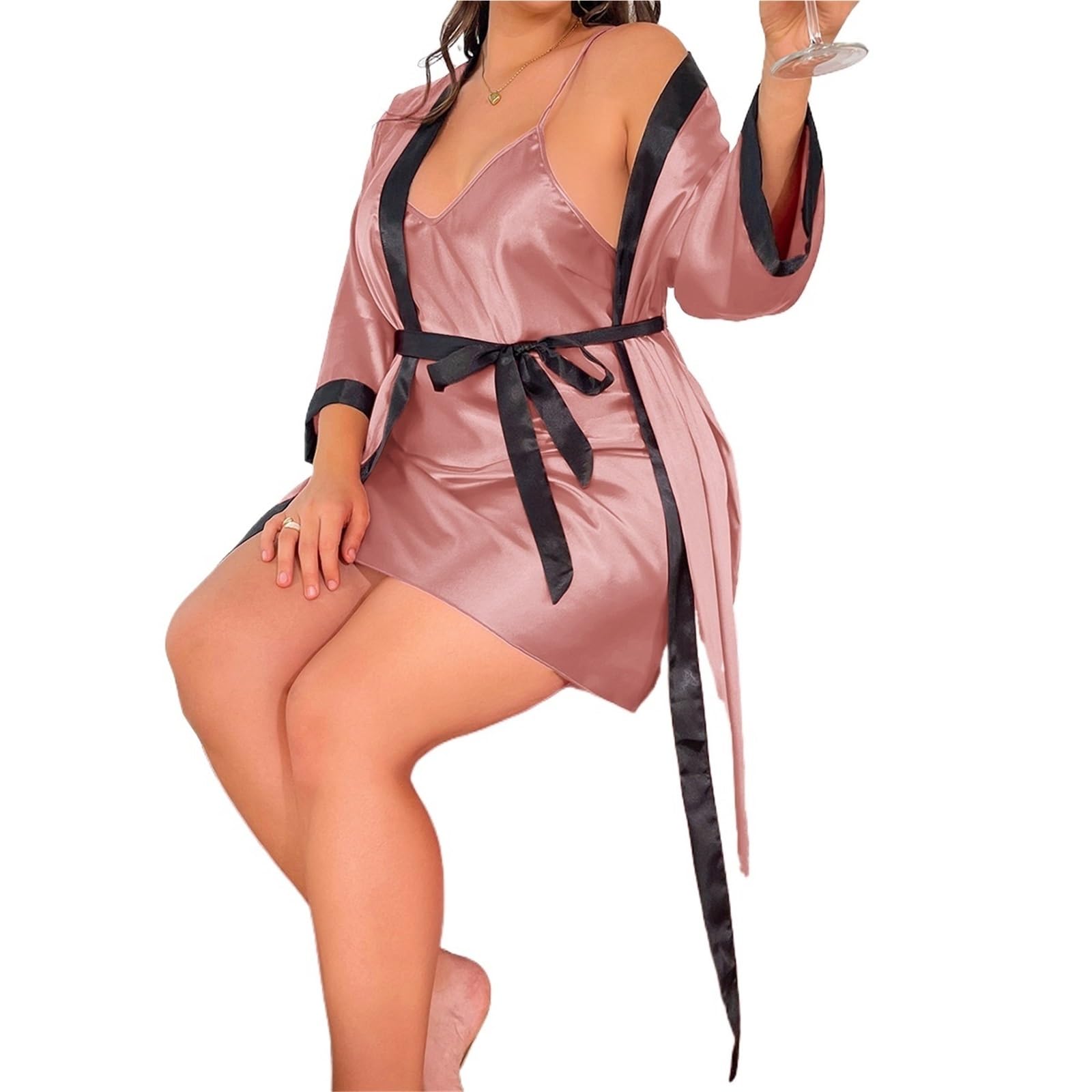 Ensemble Nuisette et Peignoir Grande Taille 3XL 4XL 5XL, Chemise de Nuit Ample en Satin for Femme, vêtements d'intérieur Sexy, Lingerie, 2 pièces, Kimono(Pink,4XL)