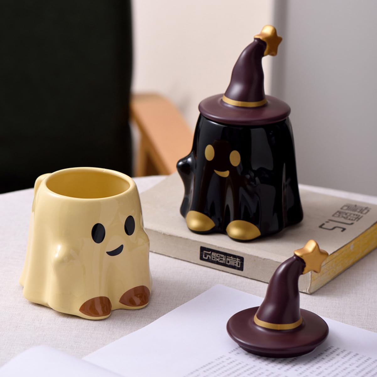 KKGUD Novelty Tea Cup, Ceramic 11oz Halloween Coffee Mug with Lid- Friendly Ghost (Black), Friendly Ghost- Black, Normal - Image 4