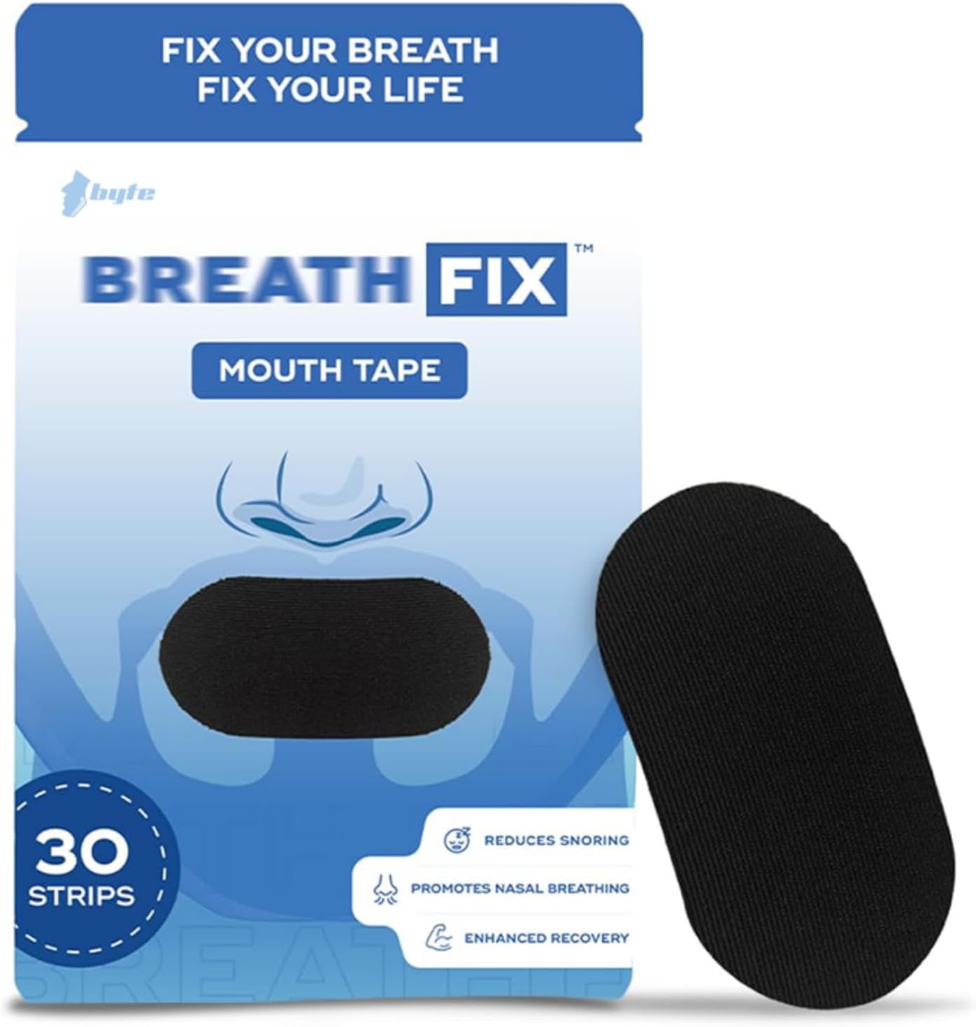 BREATH FIX Mouth Tape for Sleeping, Black colour, Hypoallergenic Adhesive, By Byte, Comfortable Fit, CDSCO Approved, Pack of 30
